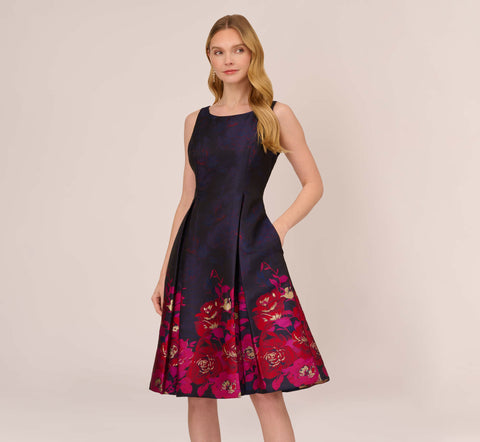 Jacquard Midi Dress With Metallic Floral Trim In Navy Pink Multi ...