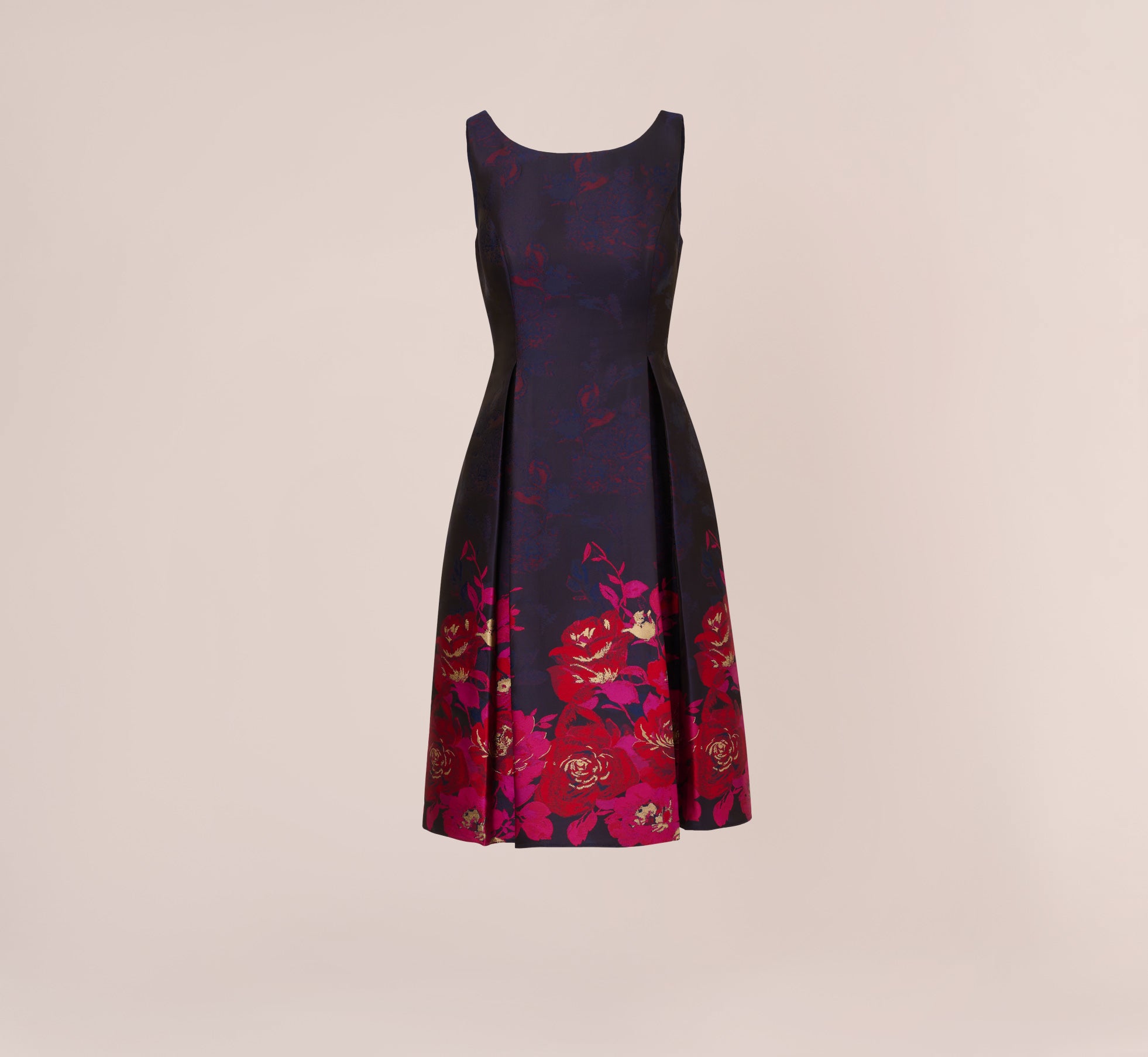 Jacquard Midi Dress With Metallic Floral Trim In Navy Pink Multi