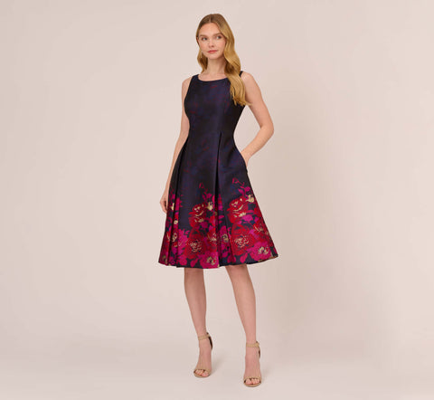 Jacquard Midi Dress With Metallic Floral Trim In Navy Pink Multi