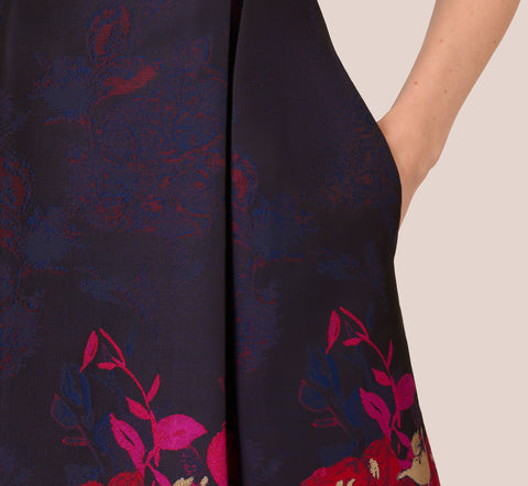 Jacquard Midi Dress With Metallic Floral Trim In Navy Pink Multi