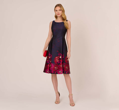 Jacquard Midi Dress With Metallic Floral Trim In Navy Pink Multi