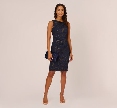 Stretch Jacquard Sleeveless Draped Sheath Dress In Navy