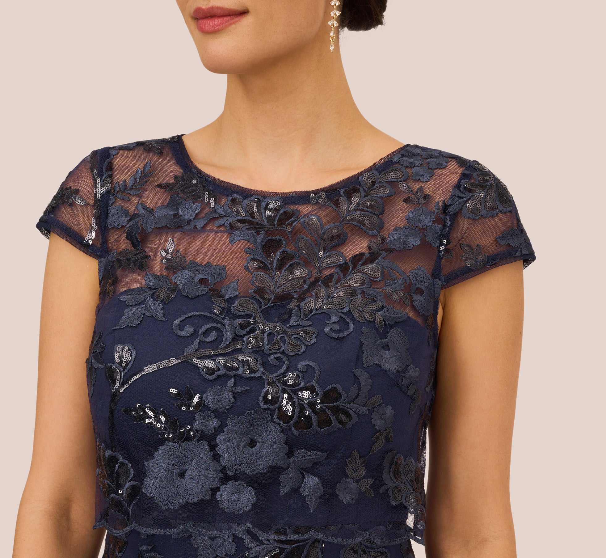 Sequin Floral Short Sleeve Dress With Popover In Navy Adrianna