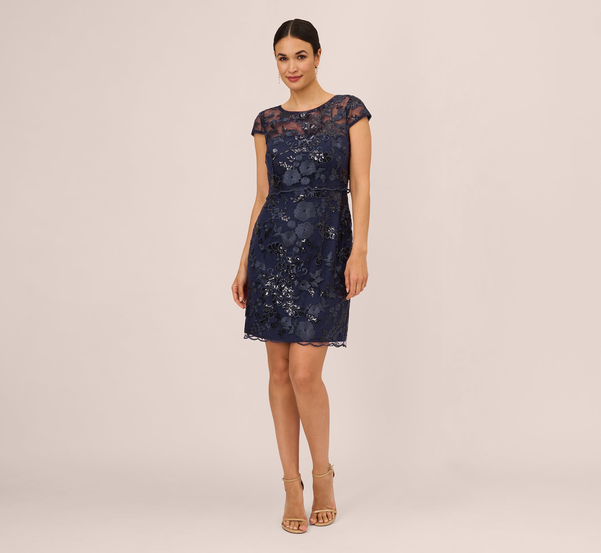 Sequin Floral Short Sleeve Dress With Popover In Navy Adrianna