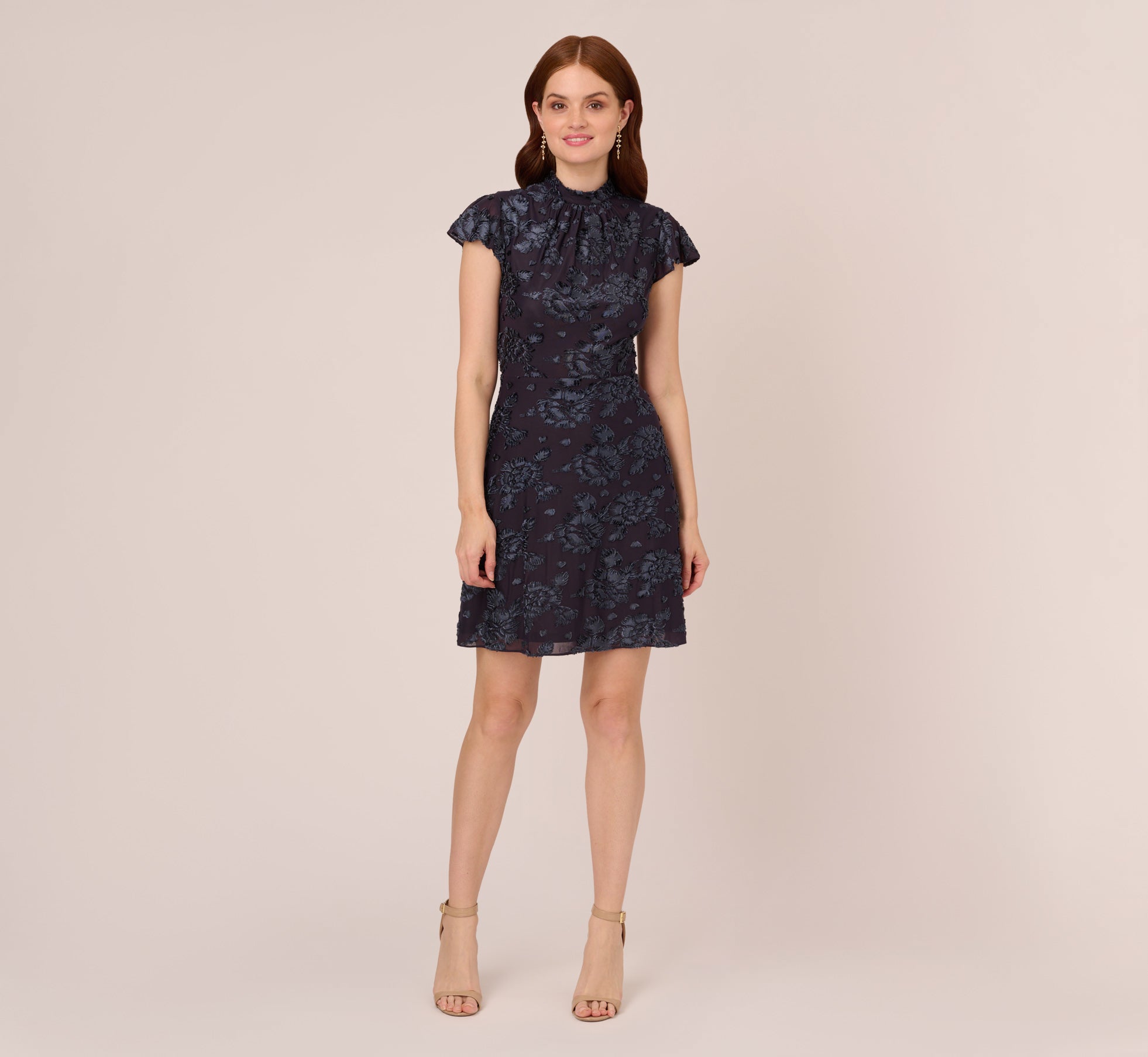 Velvet Burnout Floral Short Sleeve Dress With Mock Neck In Midnight