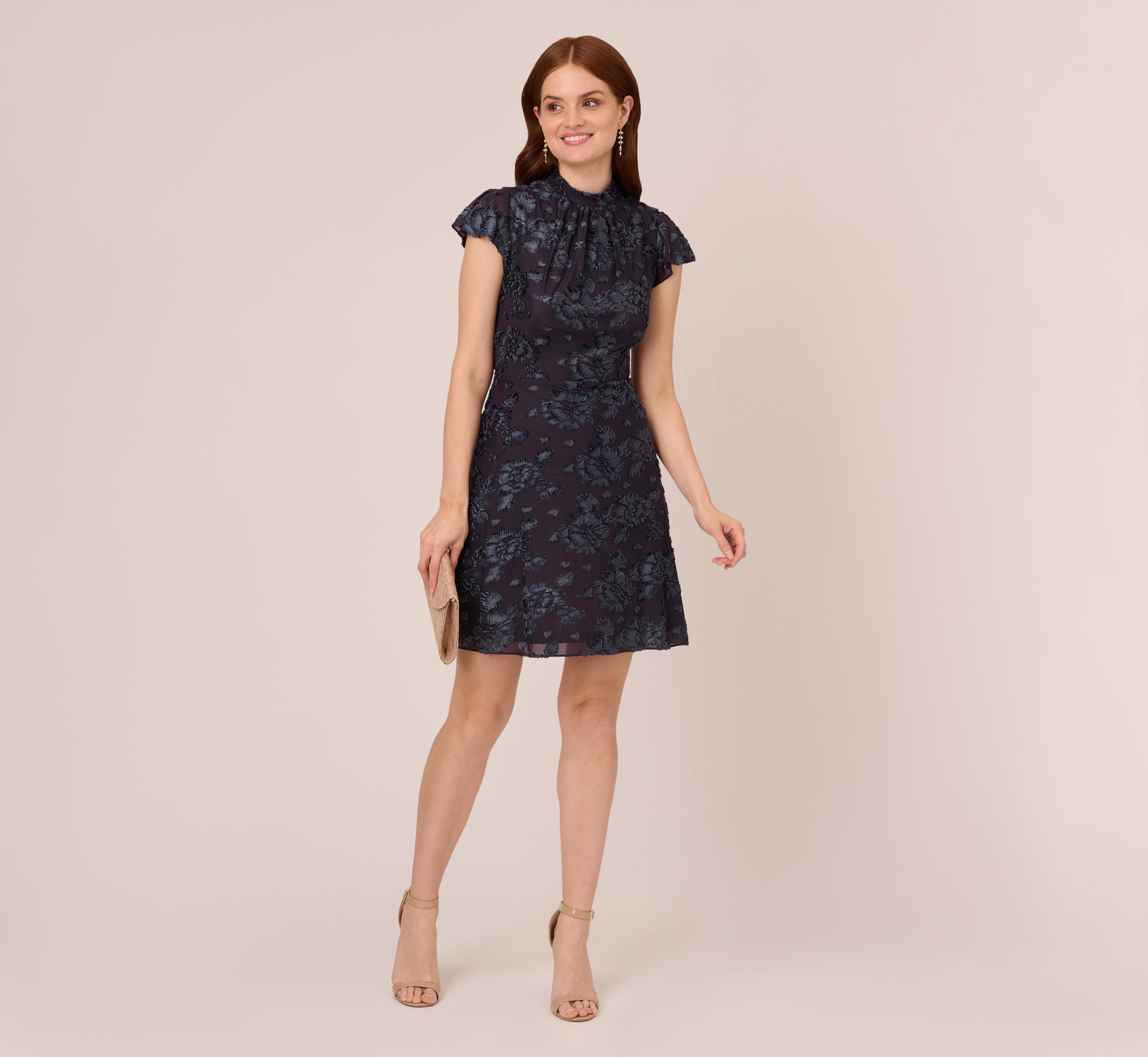 Velvet Burnout Floral Short Sleeve Dress With Mock Neck In Midnight