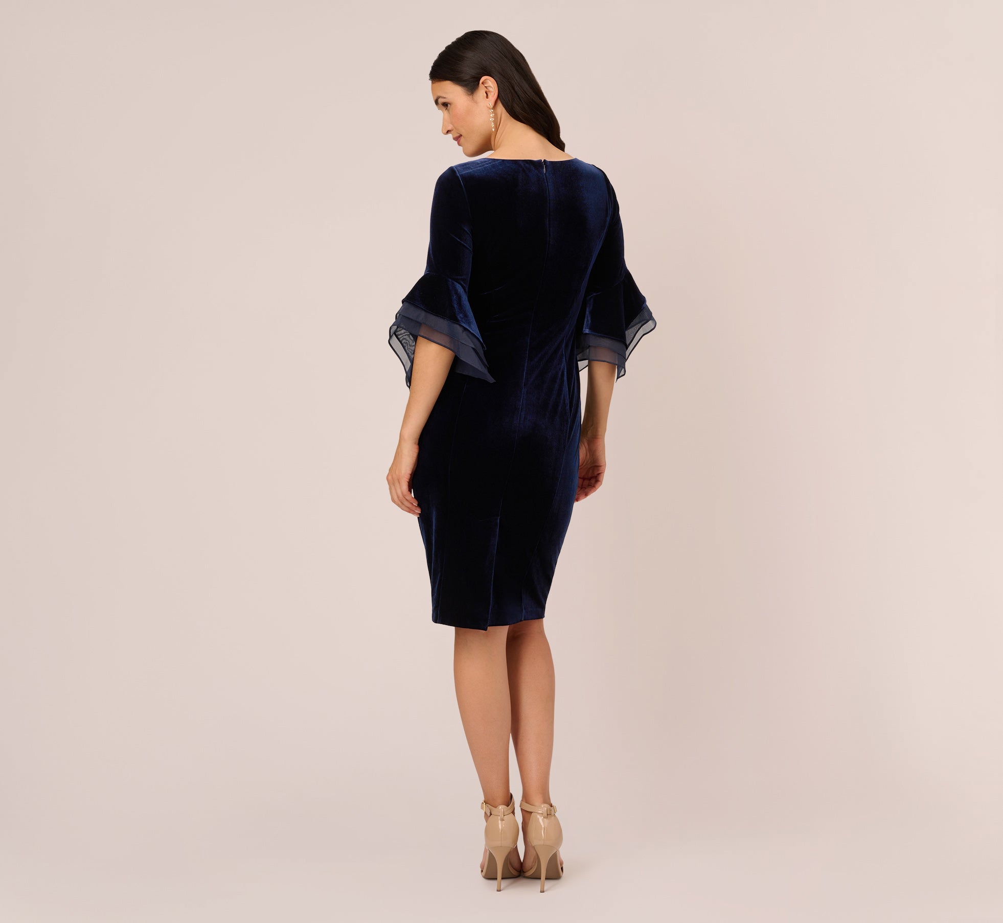 Velvet Sheath Dress With Tiered Three Quarter Sleeves In Midnight