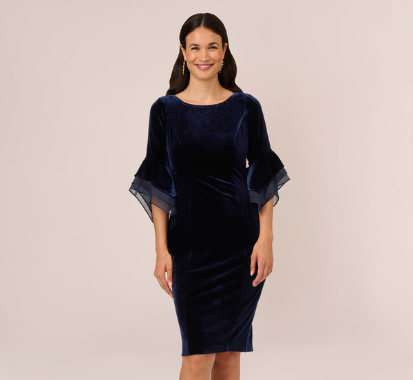 Velvet Sheath Dress With Tiered Three Quarter Sleeves In Midnight 