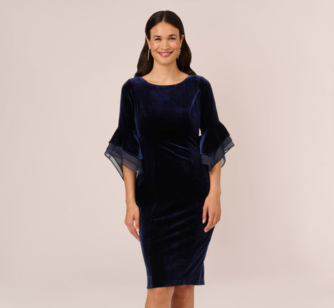 Velvet Sheath Dress With Tiered Three Quarter Sleeves In Midnight