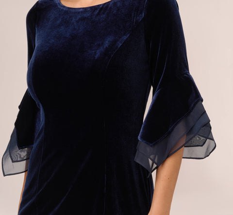 Velvet Sheath Dress With Tiered Three Quarter Sleeves In Midnight