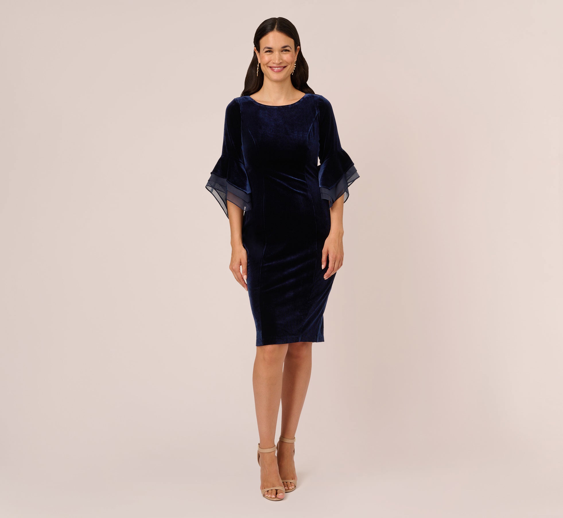 Velvet Sheath Dress With Tiered Three Quarter Sleeves In Midnight