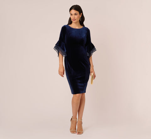 Velvet Sheath Dress With Tiered Three Quarter Sleeves In Midnight