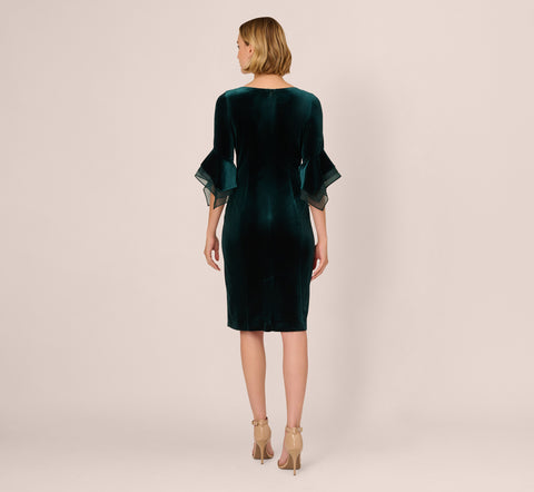 Velvet Sheath Dress With Tiered Three Quarter Sleeves In Hunter