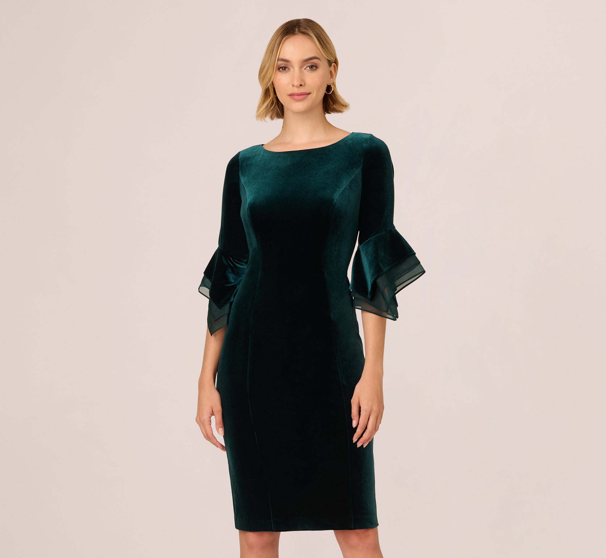 Velvet Sheath Dress With Tiered Three Quarter Sleeves In Hunter 1