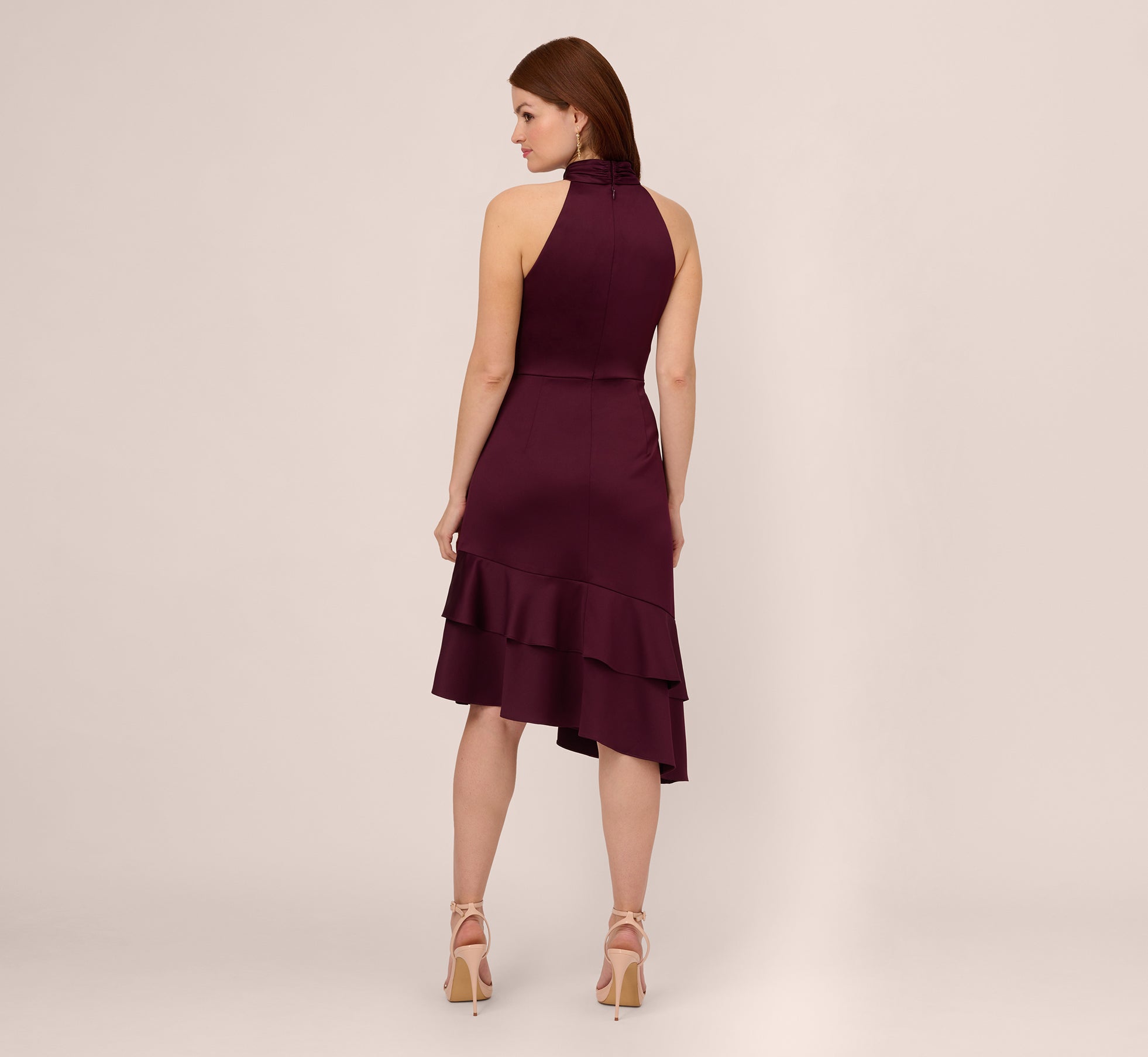 Satin Crepe Halter Midi Dress With Ruffled Hem In Bordeaux Glow