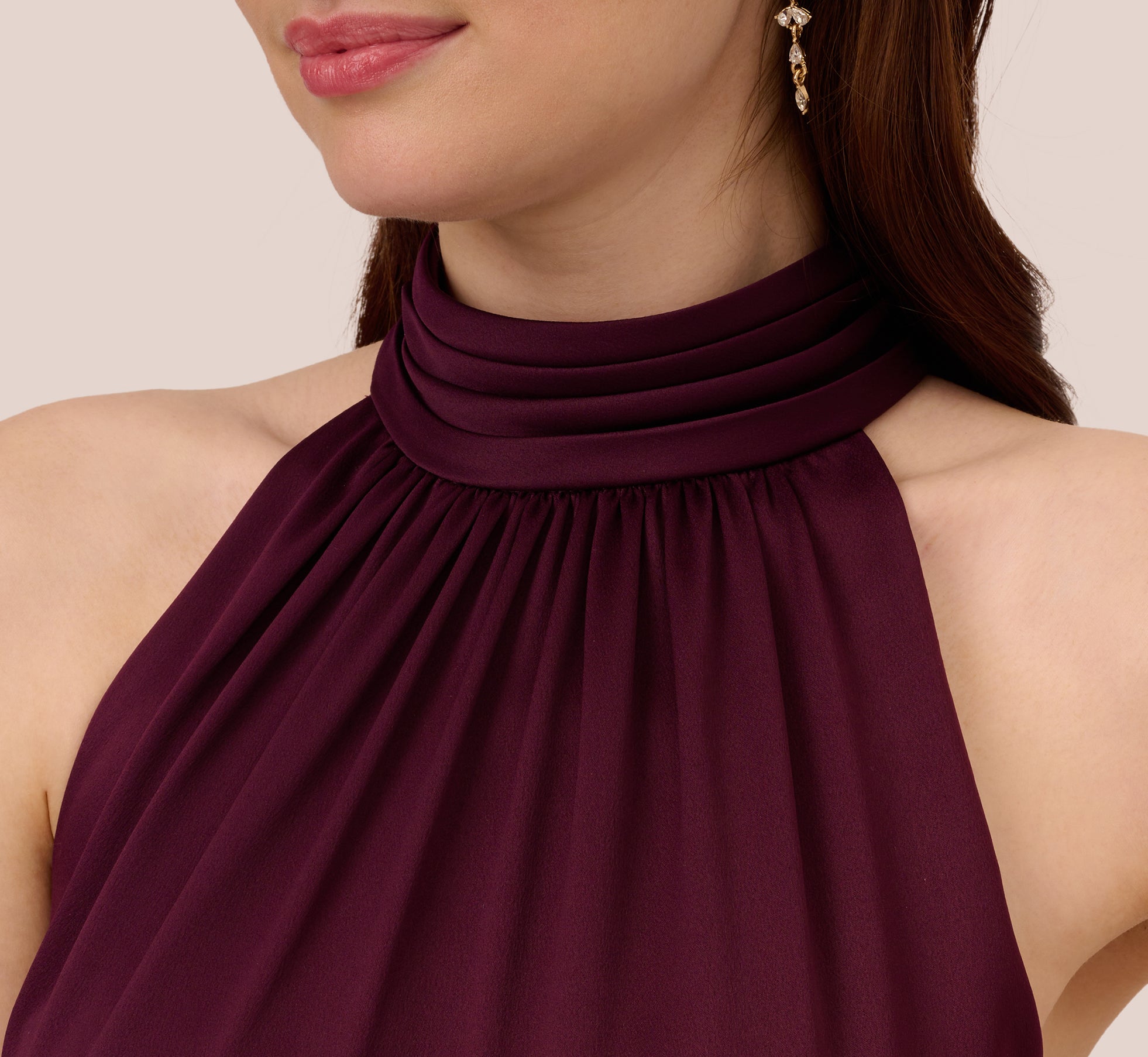 Satin Crepe Halter Midi Dress With Ruffled Hem In Bordeaux Glow