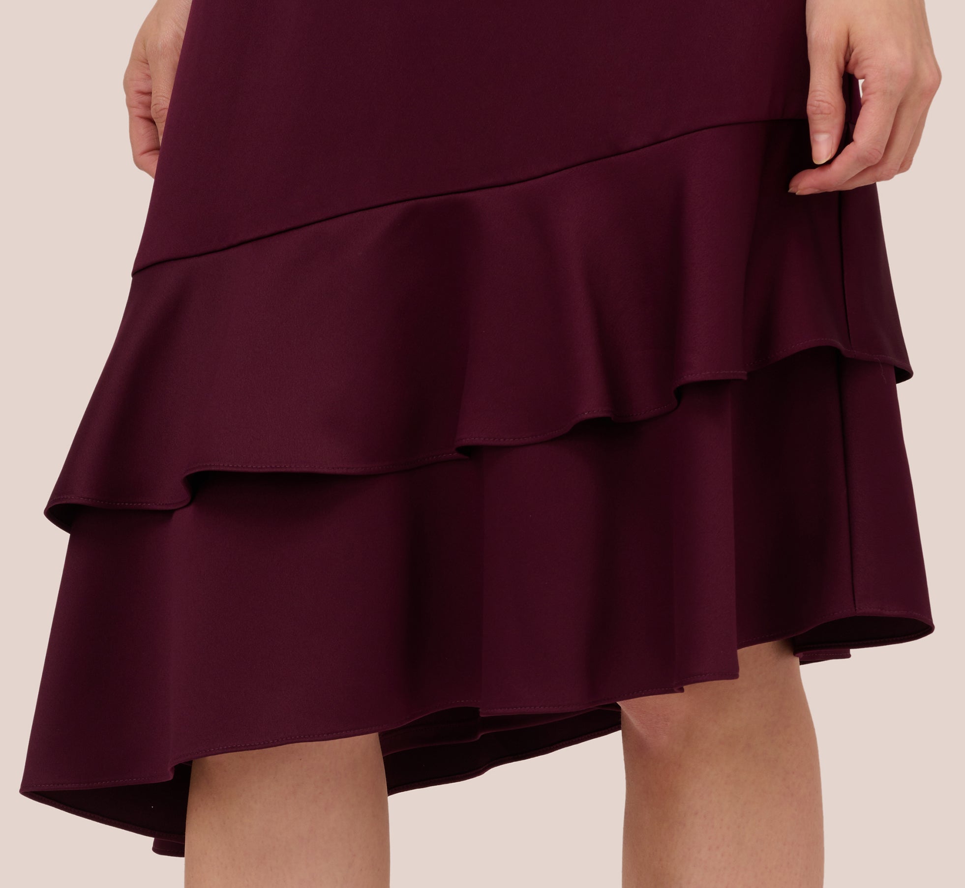 Satin Crepe Halter Midi Dress With Ruffled Hem In Bordeaux Glow