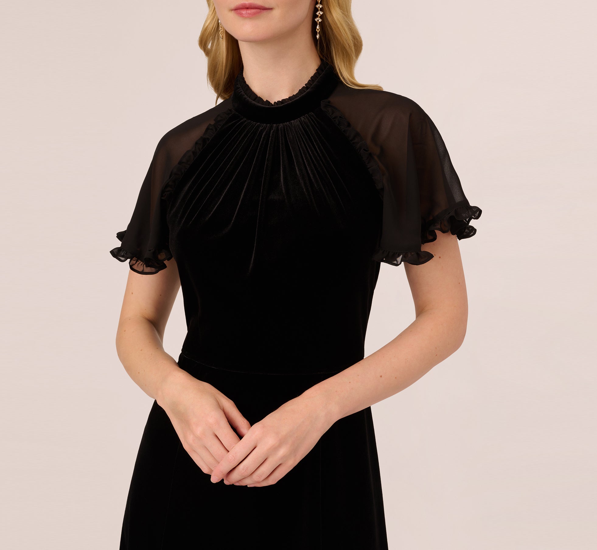 Mock Neck Velvet Dress With Sheer Short Sleeves In Black