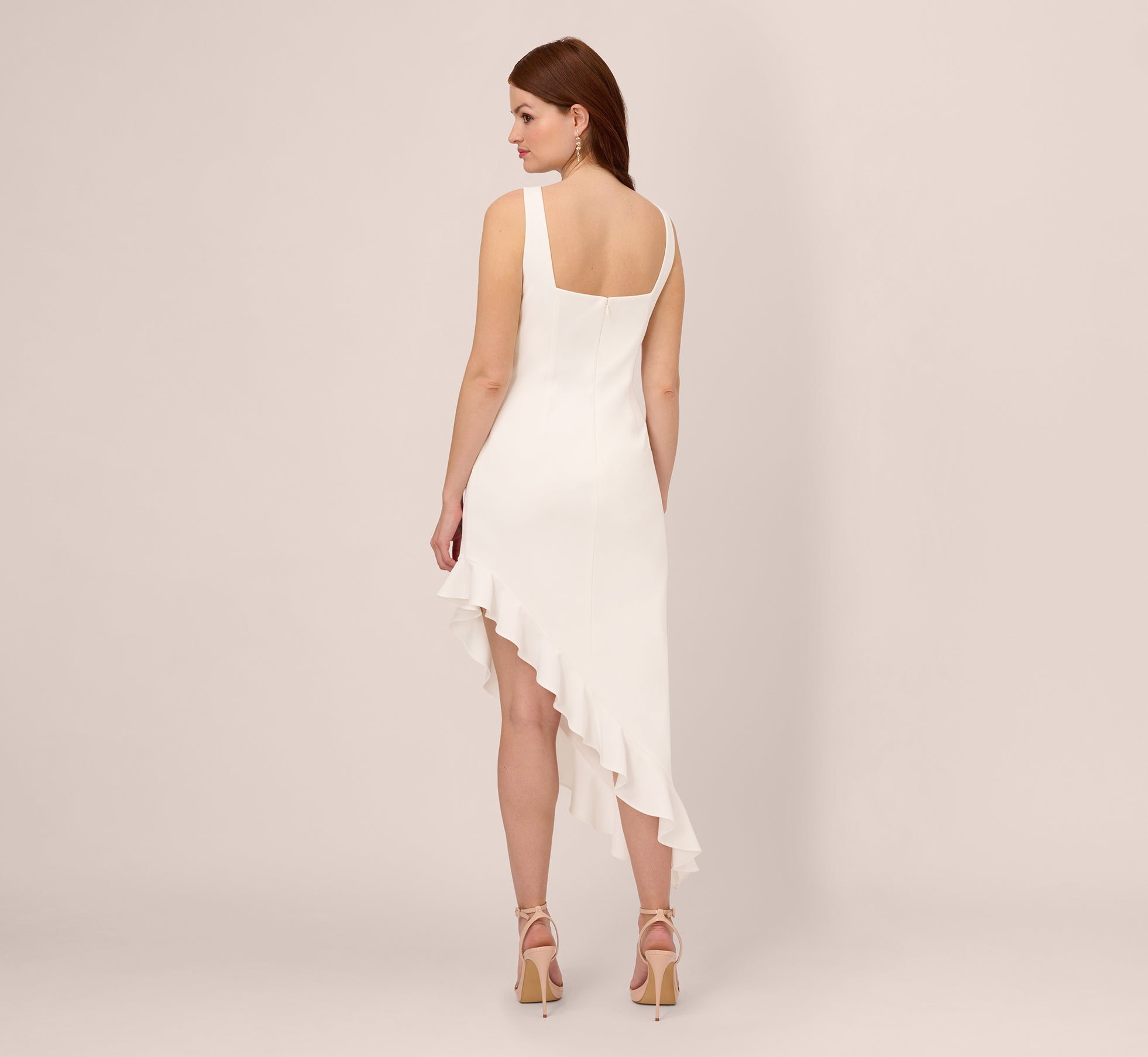 Asymmetrical Crepe Midi Dress With Flounce Hem In Ivory Adrianna