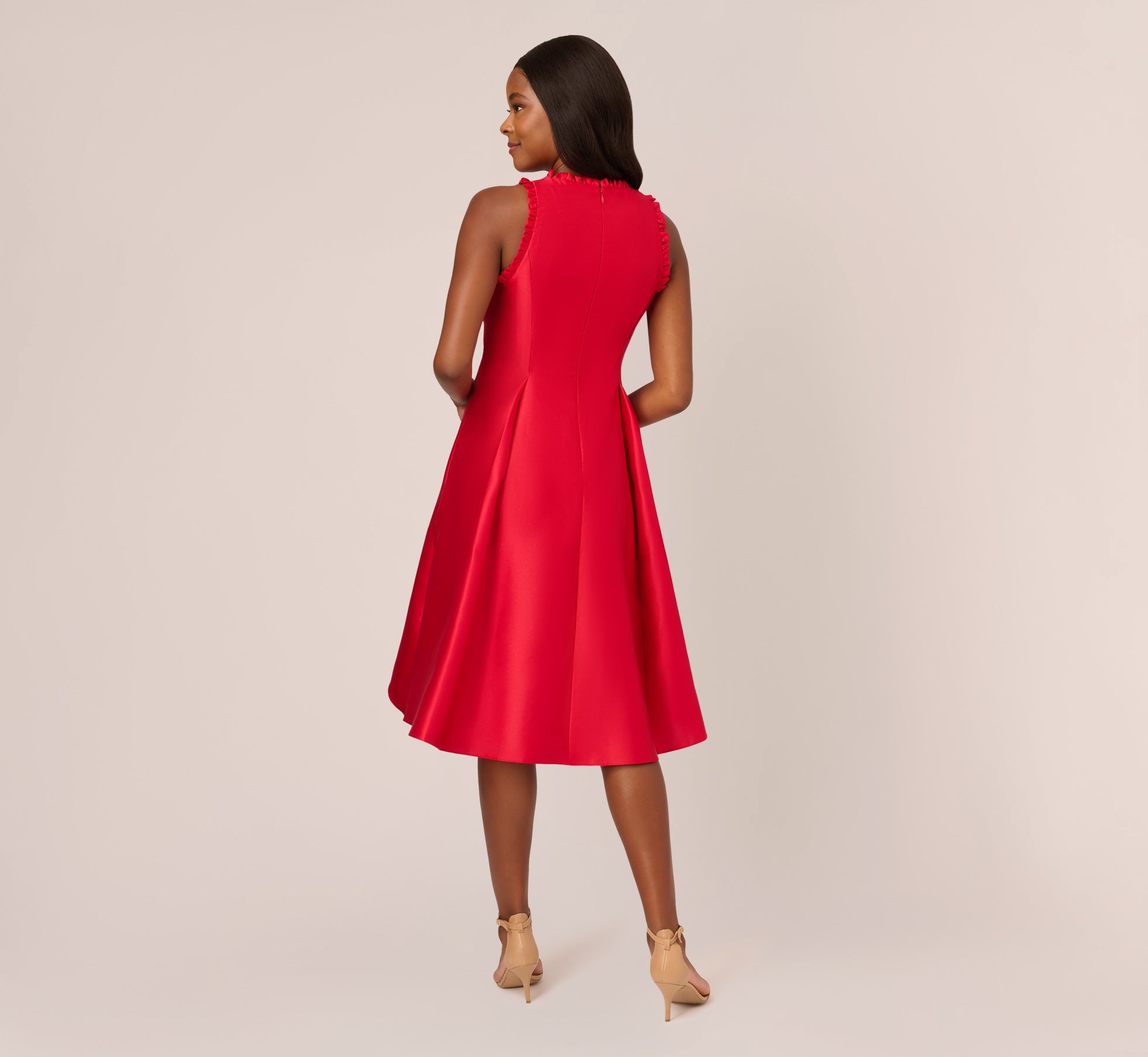 Halter Mikado Dress With Ruffle Trim In Red Adrianna Papell