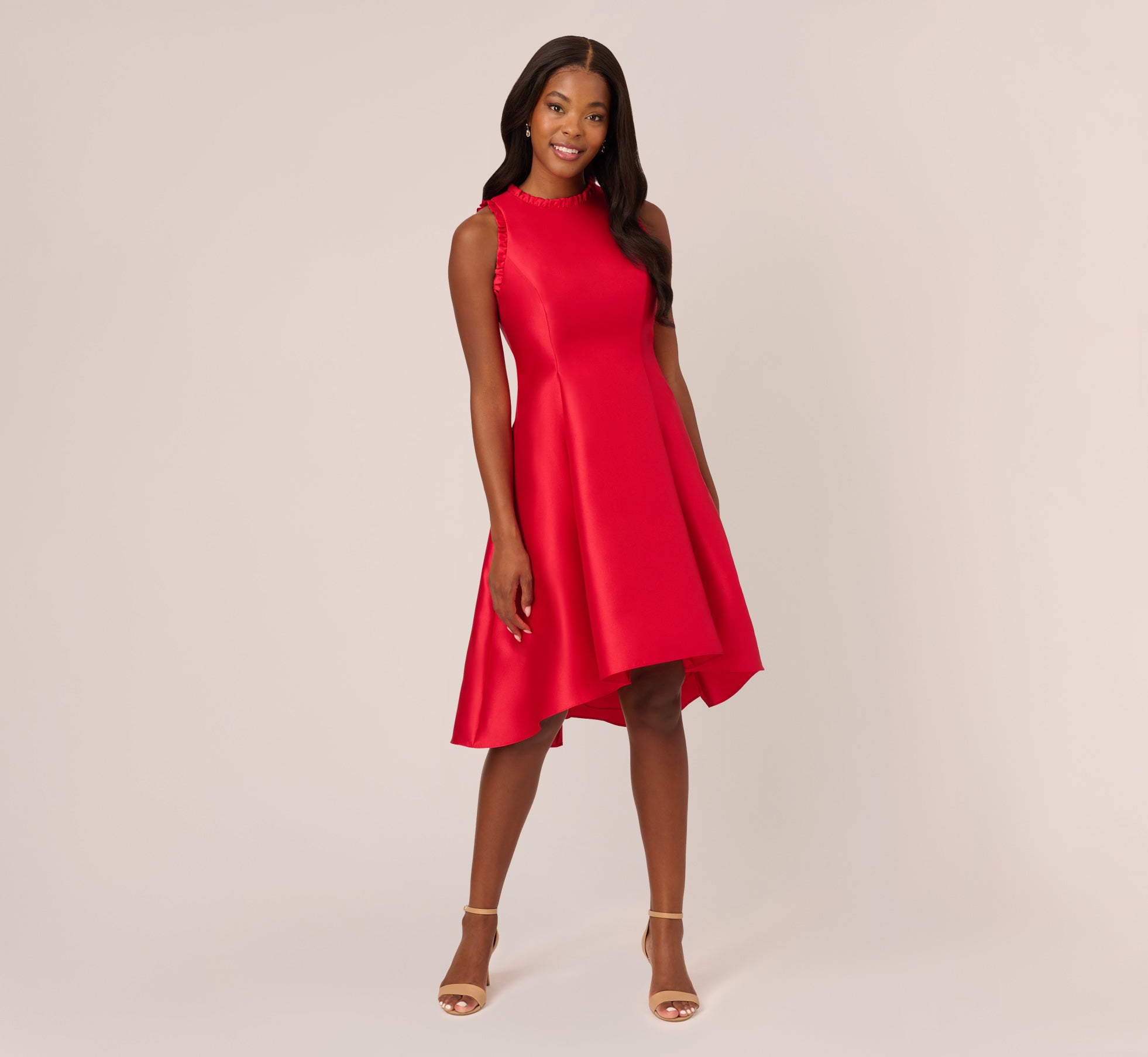 Halter Mikado Dress With Ruffle Trim In Red Adrianna Papell