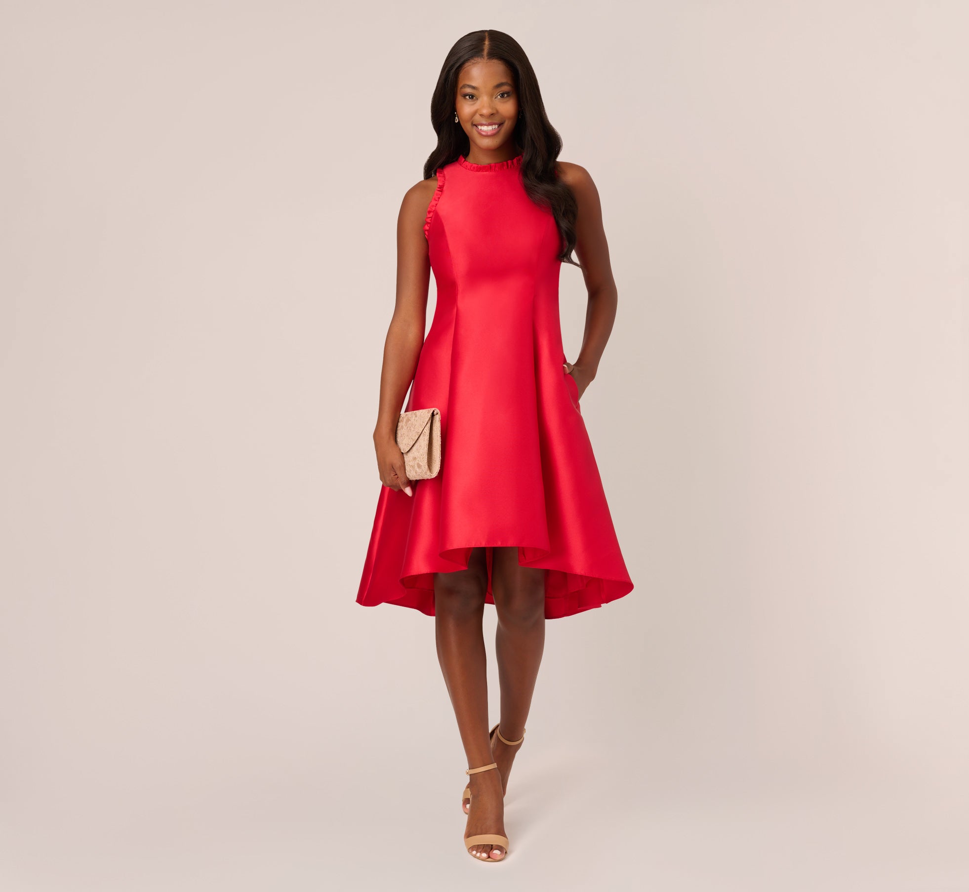 Halter Mikado Dress With Ruffle Trim In Red Adrianna Papell