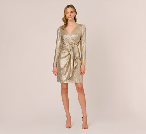 Foil Knit Faux Wrap Dress With Long Sleeves In Light Gold