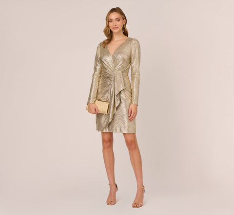 Foil Knit Faux Wrap Dress With Long Sleeves In Light Gold