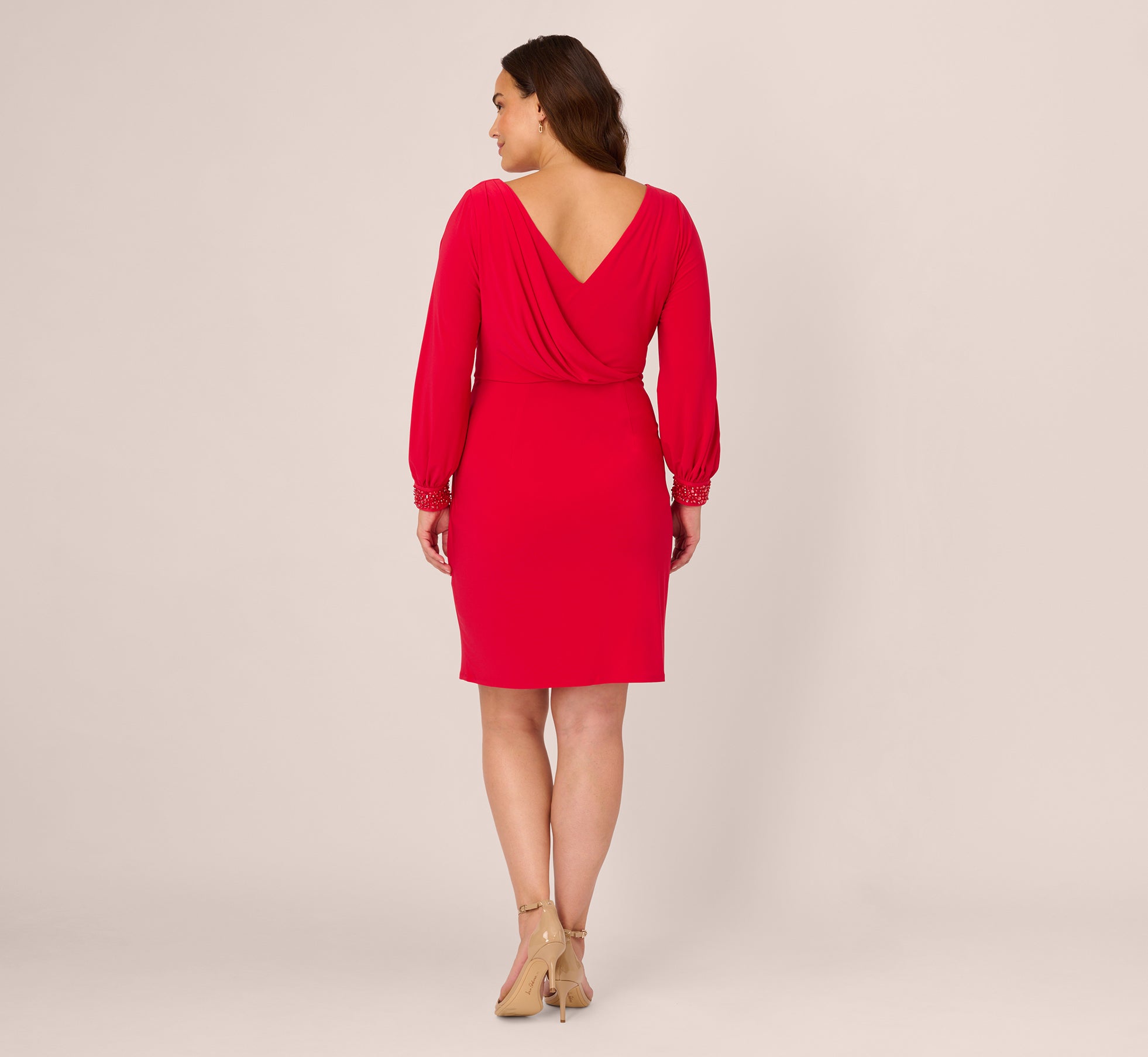 Plus Size Long Sleeve Draped Jersey Dress With Beaded Cuffs In Hot