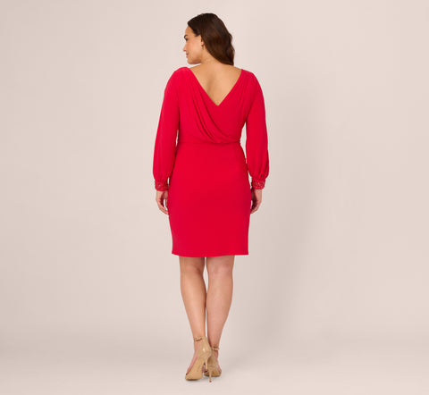 Plus Size Long Sleeve Draped Jersey Dress With Beaded Cuffs In Hot Ruby