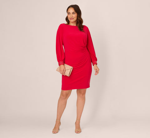 Plus Size Long Sleeve Draped Jersey Dress With Beaded Cuffs In Hot Ruby