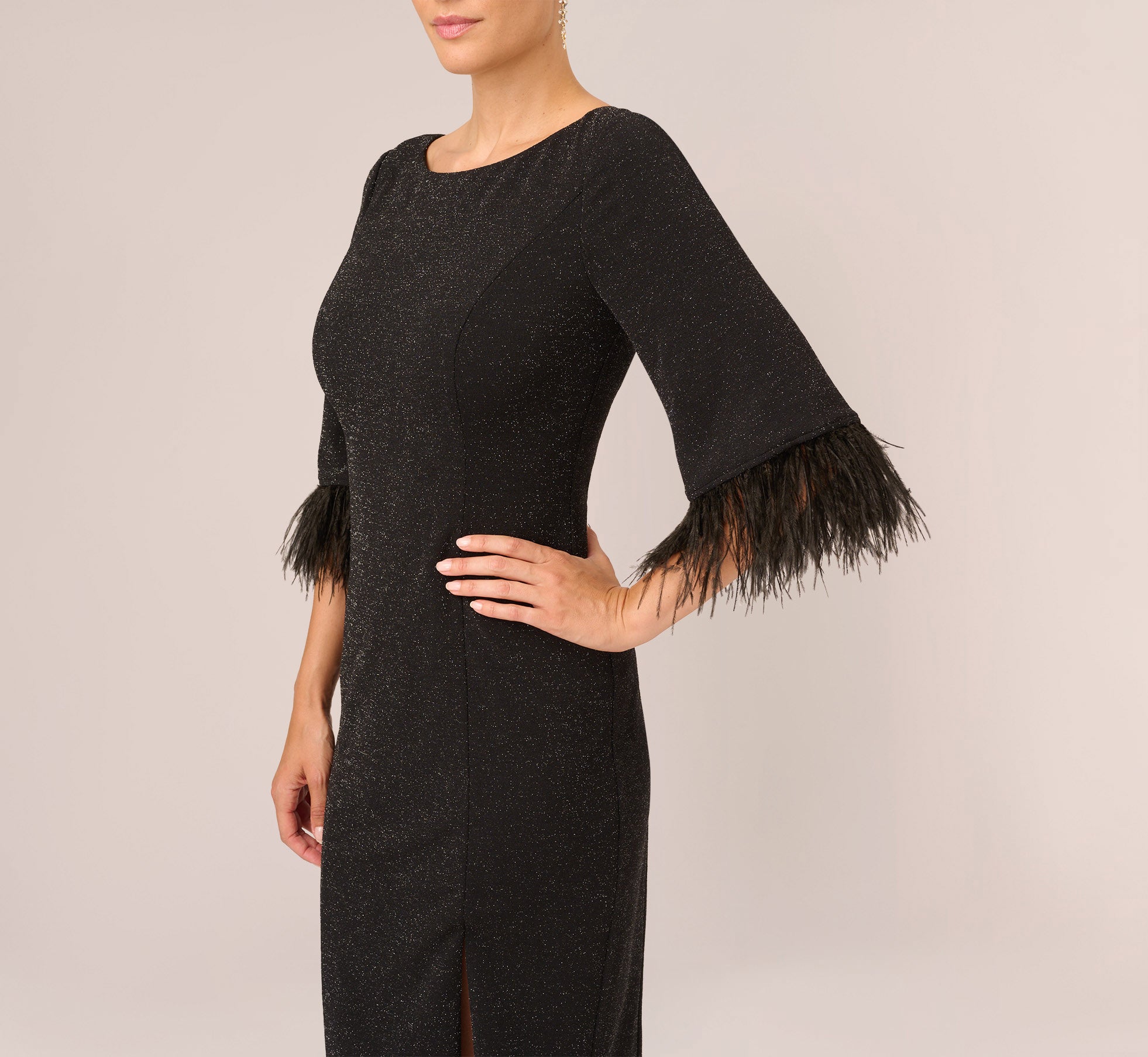 Metallic Knit Sheath Dress With Feather Trim Sleeves In Black