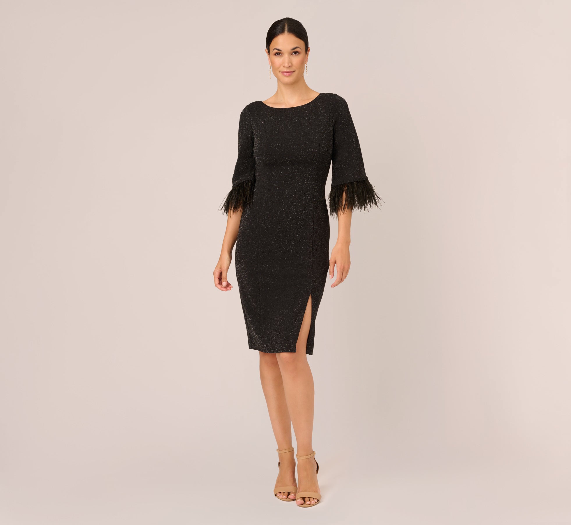 Metallic Knit Sheath Dress With Feather Trim Sleeves In Black