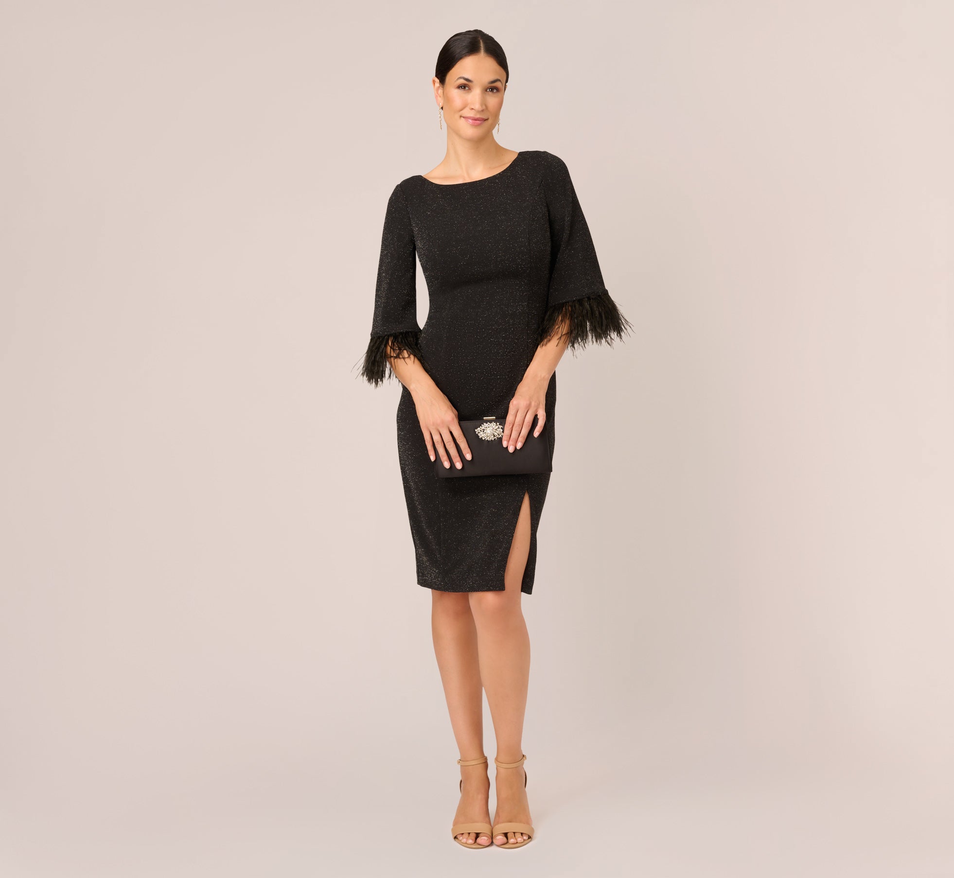 Metallic Knit Sheath Dress With Feather Trim Sleeves In Black