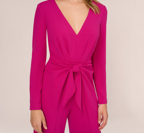 Long Sleeve Crepe Jumpsuit With Tie Front In Hot Orchid