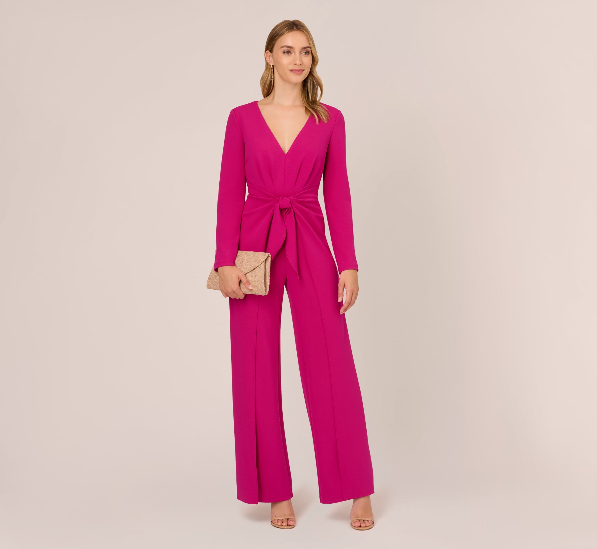 Long Sleeve Crepe Jumpsuit With Tie Front In Hot Orchid Adrianna