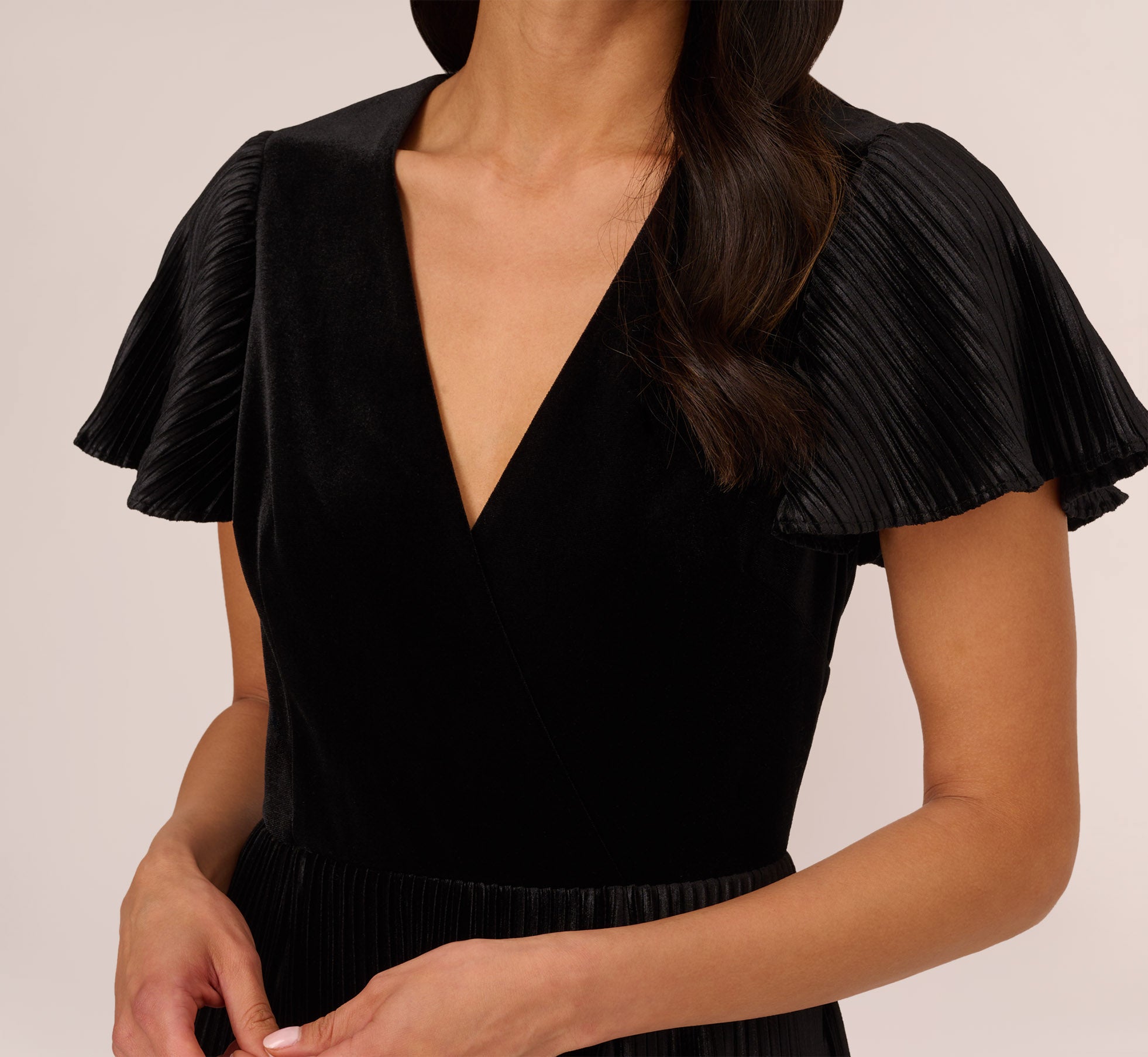 Short Sleeve Velvet Pleated Midi Dress In Black Adrianna Papell