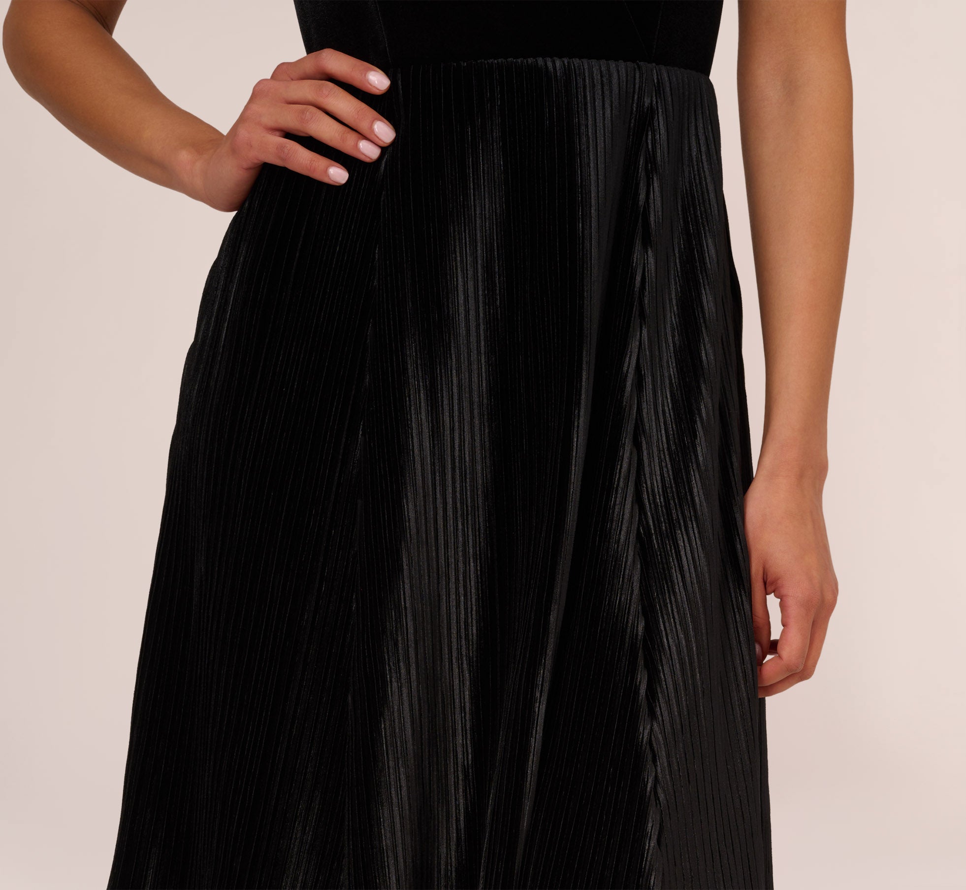 Short Sleeve Velvet Pleated Midi Dress In Black Adrianna Papell