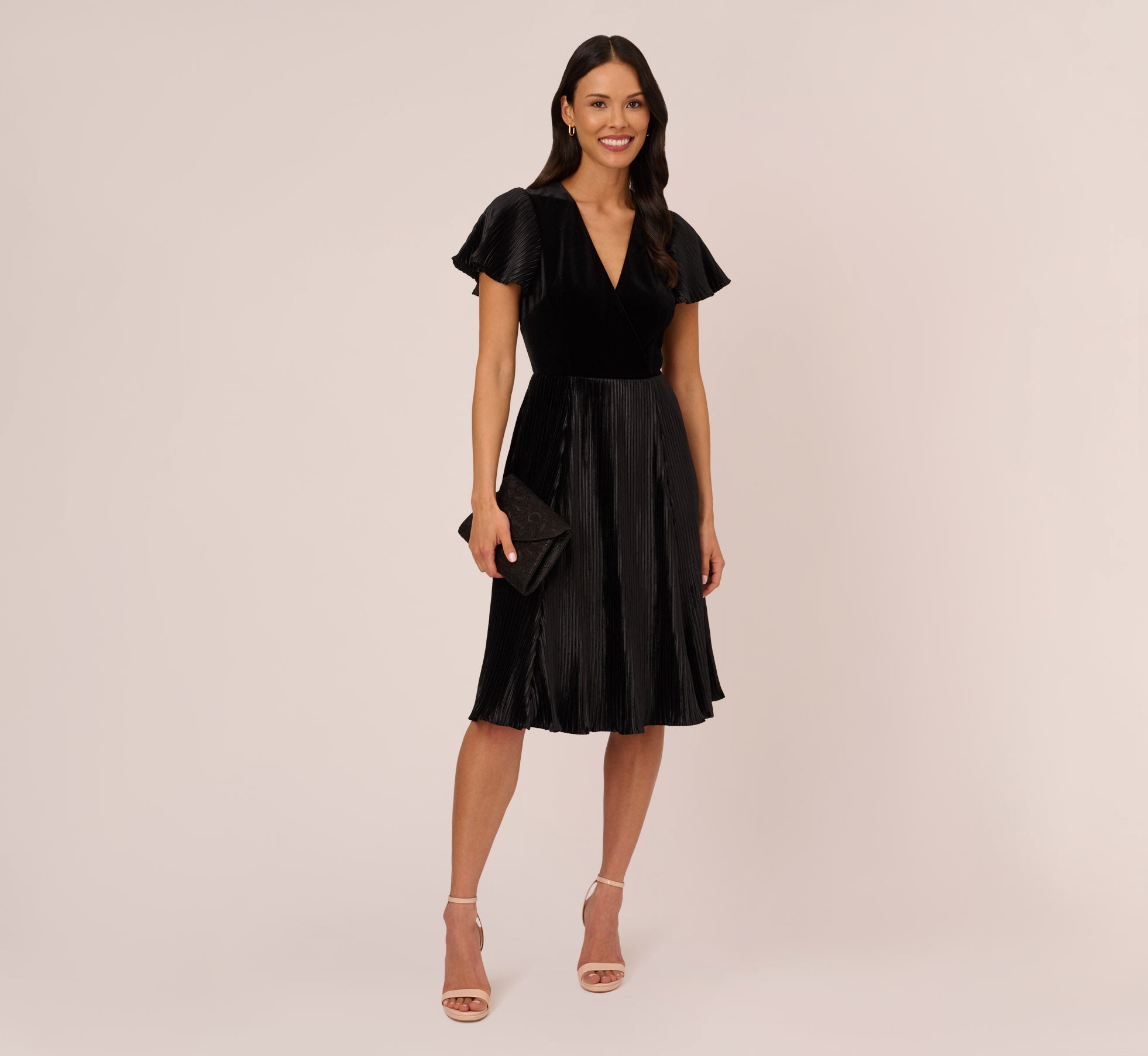 Short Sleeve Velvet Pleated Midi Dress In Black Adrianna Papell