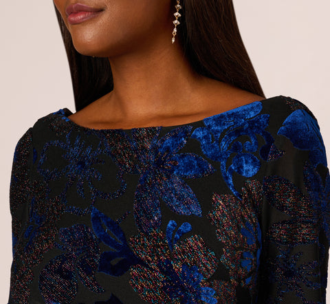 Metallic Burnout Velvet Dress With Shirred Details In Black Blue