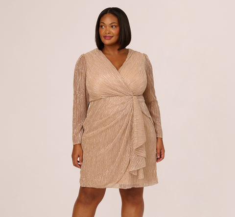 Plus Size Metallic Long Sleeve Dress With Draped Details In Light Gold