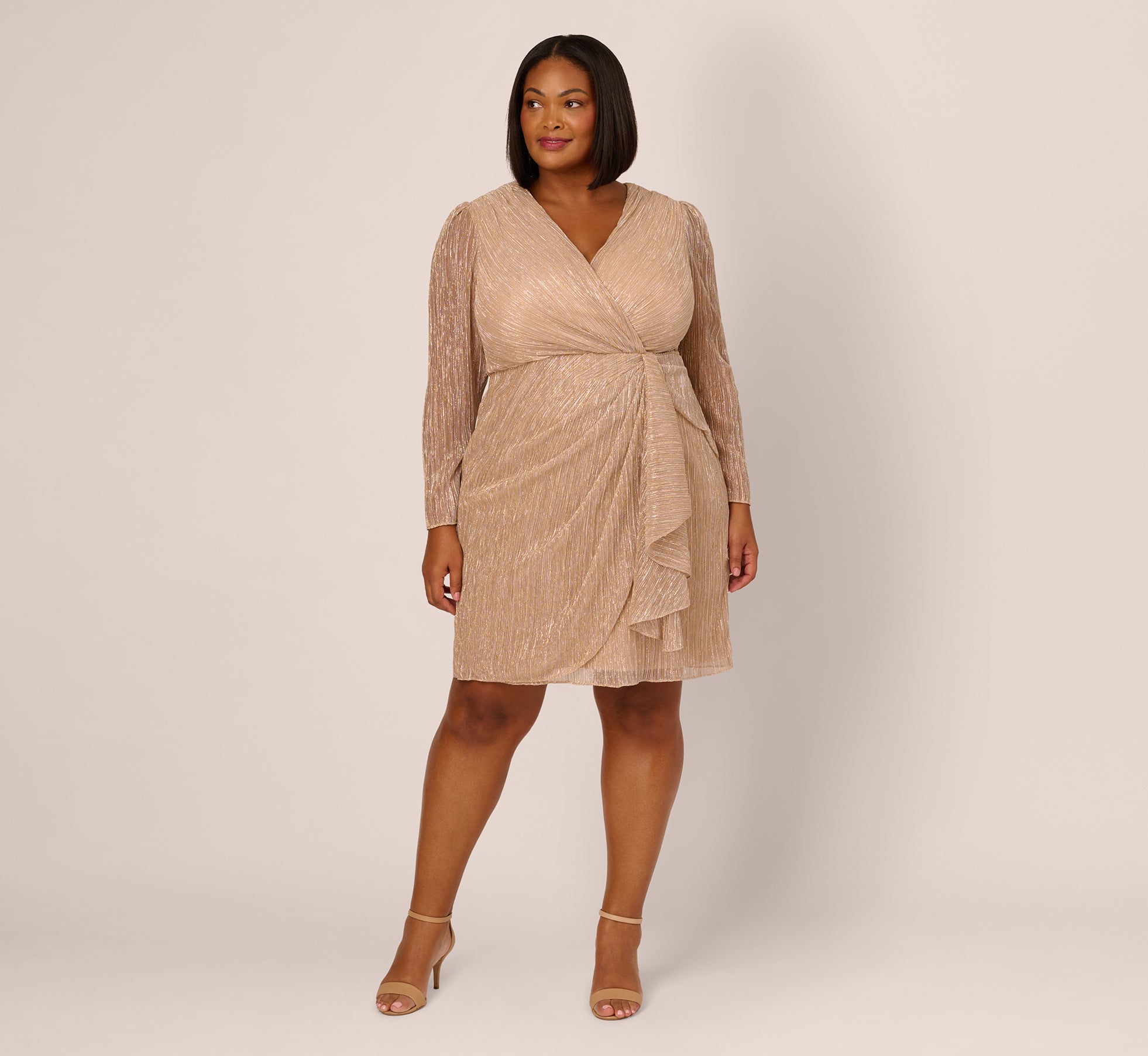 Plus Size Metallic Long Sleeve Dress With Draped Details In Light