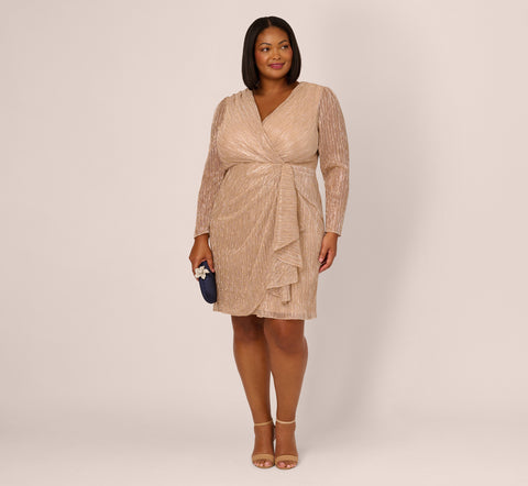 Plus Size Metallic Long Sleeve Dress With Draped Details In Light Gold