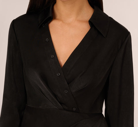 Satin Faux Wrap Dress With Long Sleeves In Black