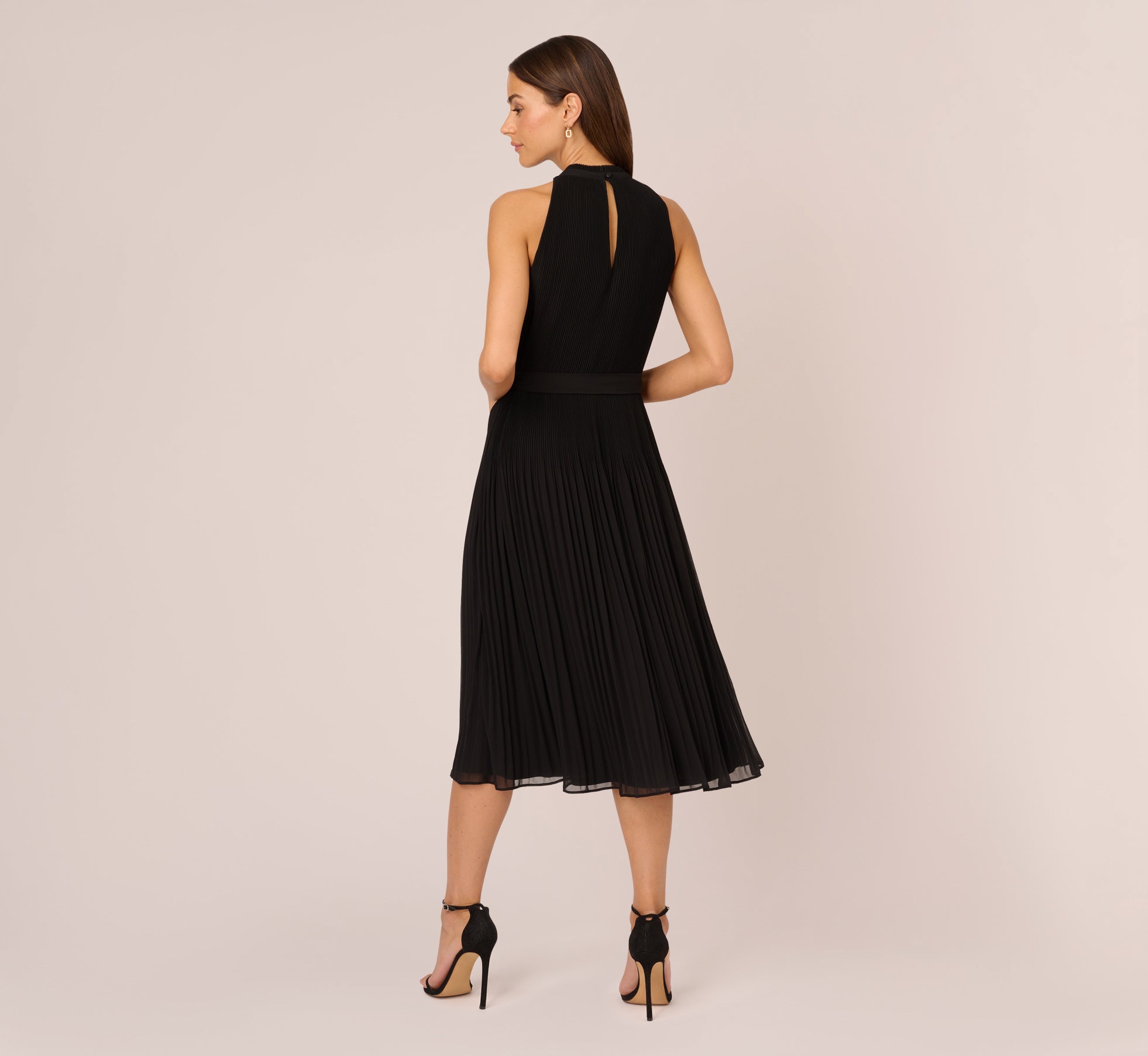 Pleated Sleeveless Chiffon Dress With Tie Waist In Black