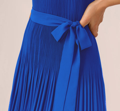 Pleated Sleeveless Chiffon Dress With Tie Waist In Dark Cobalt