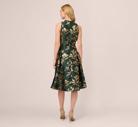 Metallic Jacquard High Low Dress With Ruffle Details In Hunter