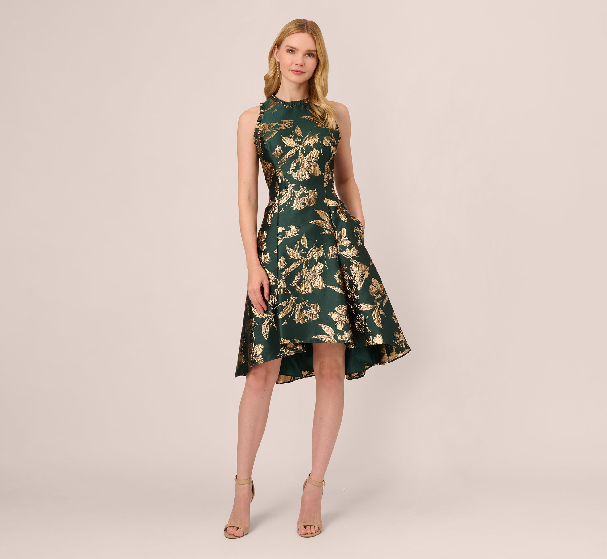 Metallic Jacquard High Low Dress With Ruffle Details In Hunter 1