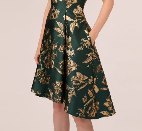 Metallic Jacquard High Low Dress With Ruffle Details In Hunter