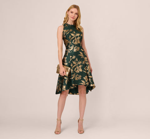 Metallic Jacquard High Low Dress With Ruffle Details In Hunter